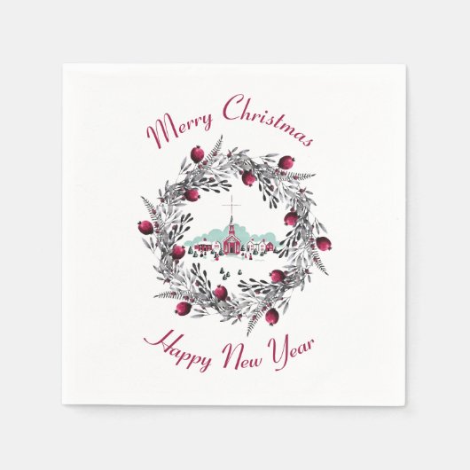 ヴィンテージ冬の教会のシーンとクリスマスリース スタンダードカクテルナプキン (正面)