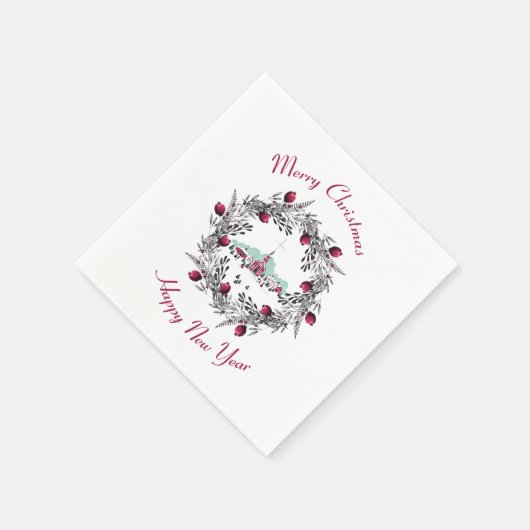 ヴィンテージ冬の教会のシーンとクリスマスリース スタンダードカクテルナプキン (角)