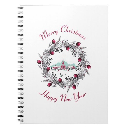 ヴィンテージ冬の教会のシーンとクリスマスリース ノートブック (正面)