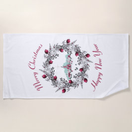 ヴィンテージ冬の教会のシーンとクリスマスリース ビーチタオル