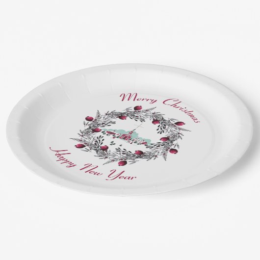 ヴィンテージ冬の教会のシーンとクリスマスリース ペーパープレート (アングル)