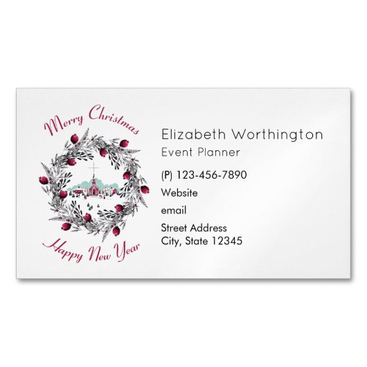 ヴィンテージ冬の教会のシーンとクリスマスリース マグネット名刺 (正面)