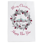 ヴィンテージ冬の教会のシーンとクリスマスリース ミディアムペーパーバッグ (正面)