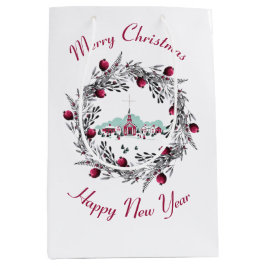 ヴィンテージ冬の教会のシーンとクリスマスリース ミディアムペーパーバッグ