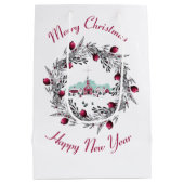 ヴィンテージ冬の教会のシーンとクリスマスリース ミディアムペーパーバッグ (裏面)