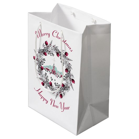 ヴィンテージ冬の教会のシーンとクリスマスリース ミディアムペーパーバッグ (裏面アングル)