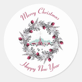 ヴィンテージ冬の教会のシーンとクリスマスリース ラウンドシール