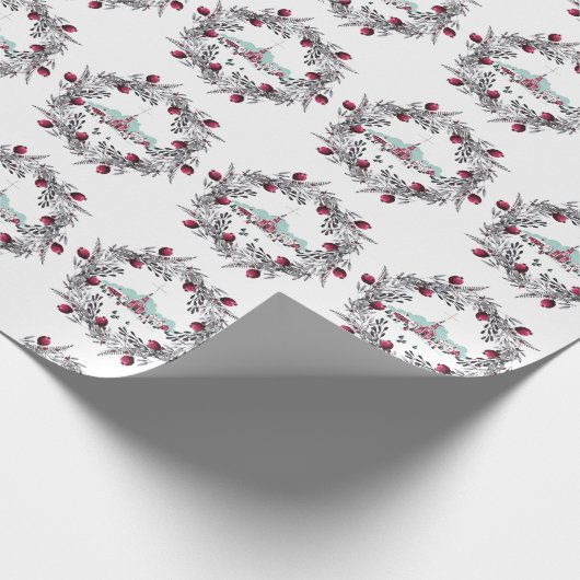 ヴィンテージ冬の教会のシーンとクリスマスリース ラッピングペーパー (角)