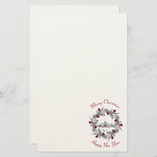 ヴィンテージ冬の教会のシーンとクリスマスリース 便箋 (正面/裏面)