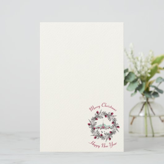 ヴィンテージ冬の教会のシーンとクリスマスリース 便箋 (スタンド正面)