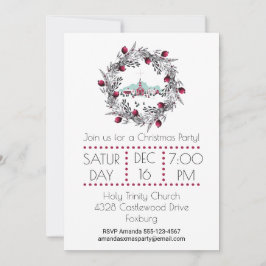 ヴィンテージ冬の教会のシーンとクリスマスリース 招待状