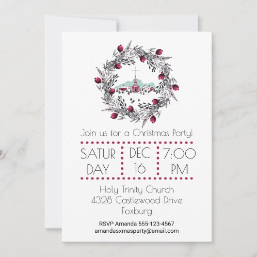 ヴィンテージ冬の教会のシーンとクリスマスリース 招待状 (正面)
