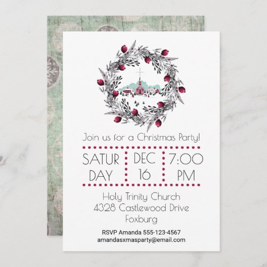 ヴィンテージ冬の教会のシーンとクリスマスリース 招待状 (正面/裏面)