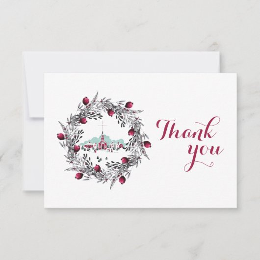 ヴィンテージ冬の教会のシーンとクリスマスリース 招待状 (正面)