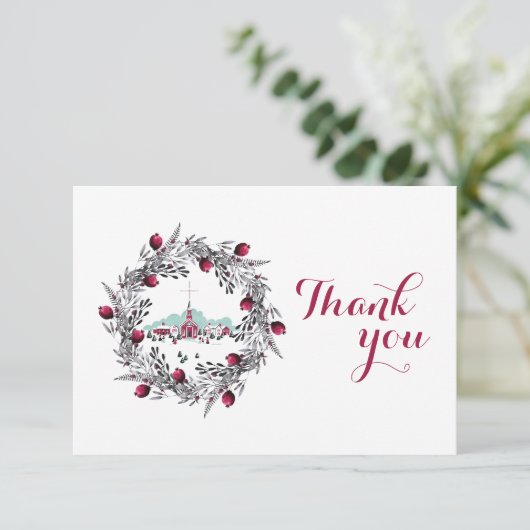 ヴィンテージ冬の教会のシーンとクリスマスリース 招待状 (スタンド正面)