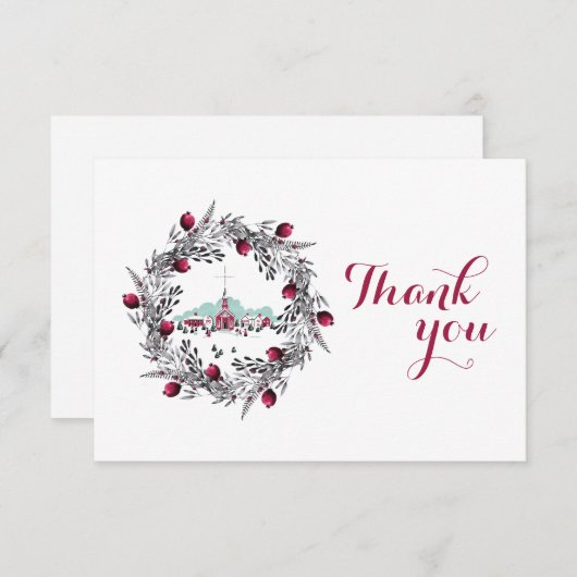 ヴィンテージ冬の教会のシーンとクリスマスリース 招待状 (正面/裏面)