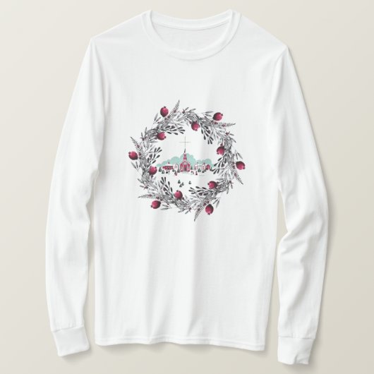 ヴィンテージ冬の教会のシーンとクリスマスリース Tシャツ (デザイン正面)