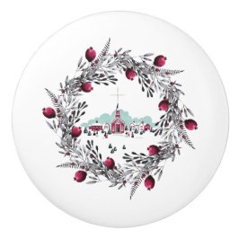 ヴィンテージ冬の教会のシーンとフローラリース セラミックノブ