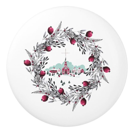 ヴィンテージ冬の教会のシーンとフローラリース セラミックノブ (正面)