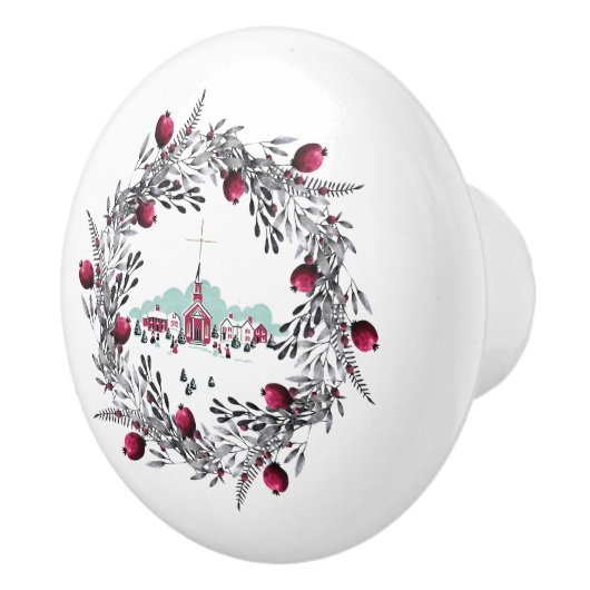 ヴィンテージ冬の教会のシーンとフローラリース セラミックノブ (右)