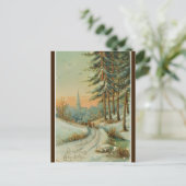 ヴィンテージ冬の日没の木と教会のクリスマス ポストカード (スタンド正面)