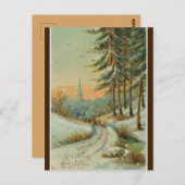 ヴィンテージ冬の日没の木と教会のクリスマス ポストカード (正面/裏面)