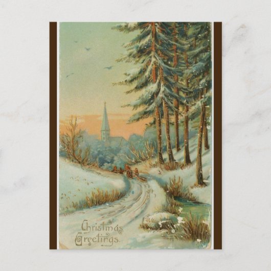 ヴィンテージ冬の日没の木と教会のクリスマス ポストカード (正面)