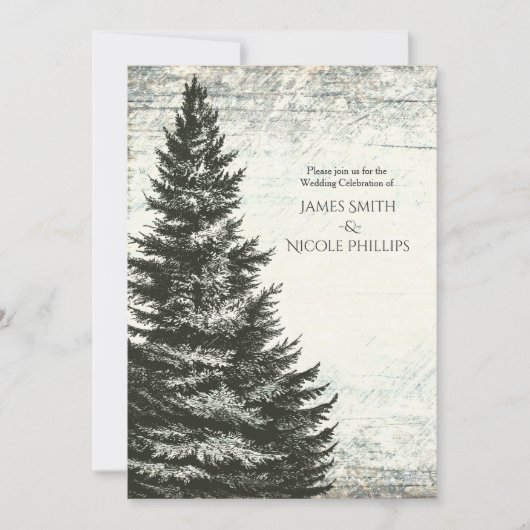 ヴィンテージ冬の松の木の素朴な木の結婚式 招待状 (正面)