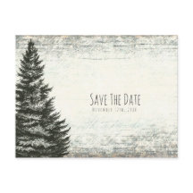 ヴィンテージ冬の松の木の素朴な木のSave the Date