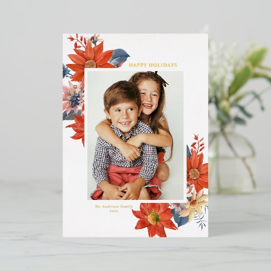 ヴィンテージ冬の植物フォトハッピーホリデー 箔シーズンカード (立ち正面)