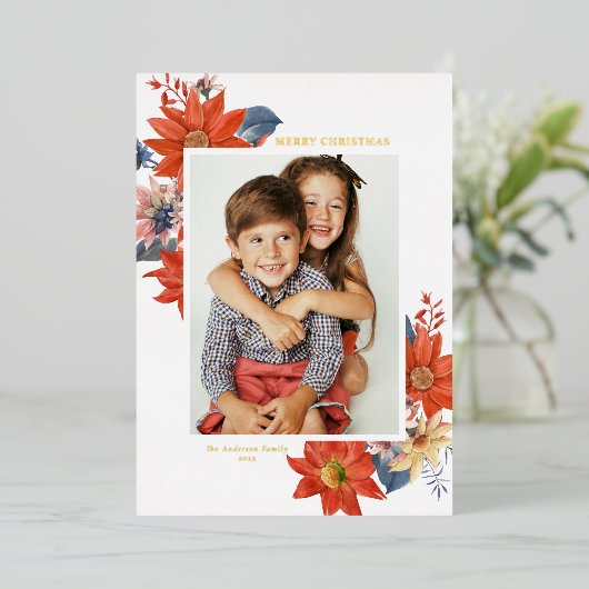 ヴィンテージ冬の植物フォトメリークリスマス 箔シーズンカード (立ち正面)