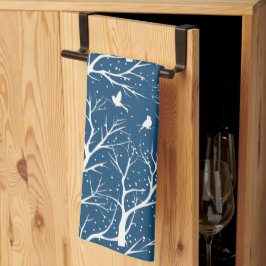 ヴィンテージ冬の空の白い鳥雪 キッチンタオル