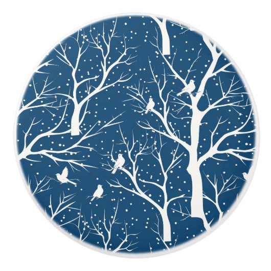 ヴィンテージ冬の空の白い鳥雪 セラミックノブ (正面)