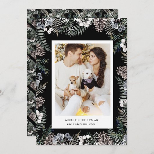 ヴィンテージ冬の緑のメリークリスマスフォトカード シーズンカード (正面/裏面)