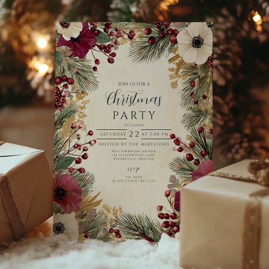 ヴィンテージ冬の花模様の楽しいクリスマス 招待状