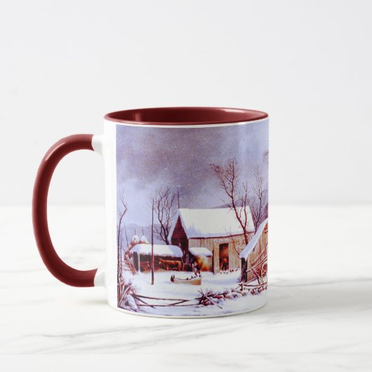 ヴィンテージ冬の農場のシーン。クリスマスギフトマグカップ マグカップ (左)