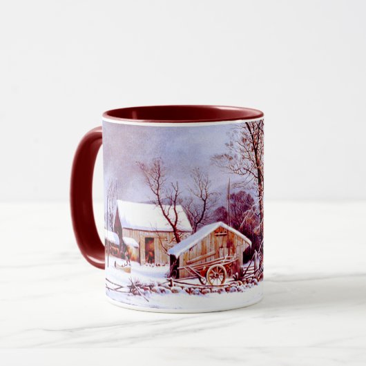 ヴィンテージ冬の農場のシーン。クリスマスギフトマグカップ マグカップ (正面左)