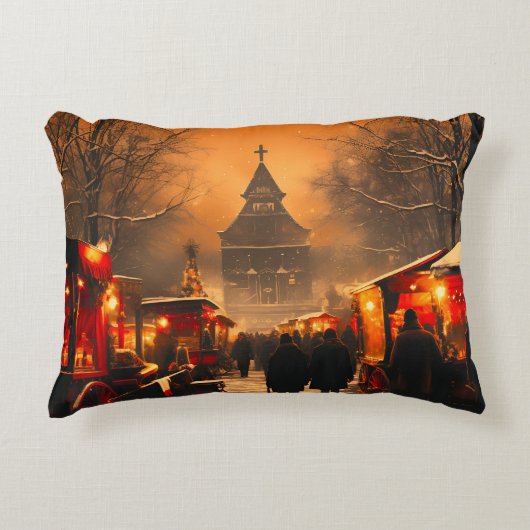 ヴィンテージ冬の雪のクリスマスマーケット アクセントクッション (正面)