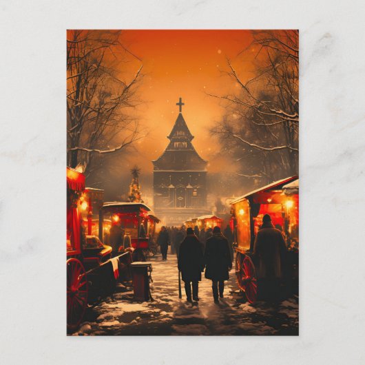 ヴィンテージ冬の雪のクリスマスマーケット 案内ポストカード (正面)