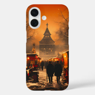 ヴィンテージ冬の雪のクリスマスマーケット iPhone 16ケース