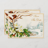 ヴィンテージ冬の雪の教会＆ユリ Save The Date セーブザデート (正面/裏面)