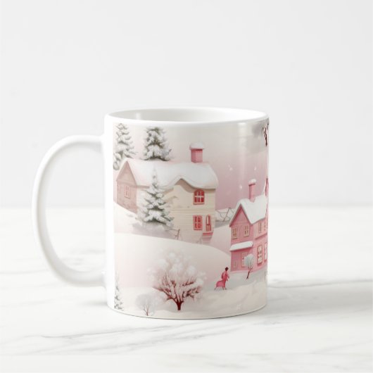 ヴィンテージ冬の雪の村の風景 コーヒーマグカップ (左)