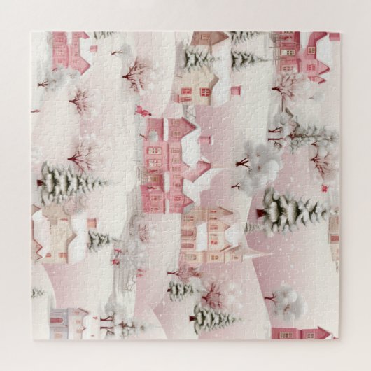 ヴィンテージ冬の雪の村の風景 ジグソーパズル (横)