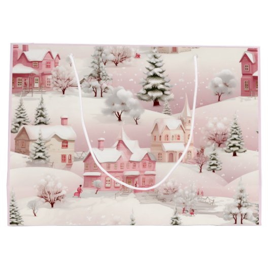 ヴィンテージ冬の雪の村の風景 ラージペーパーバッグ (裏面)