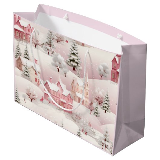 ヴィンテージ冬の雪の村の風景 ラージペーパーバッグ (裏面アングル)