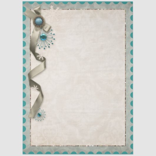 ヴィンテージ冬の雪の花飾りとダマスクのポストカード 薄葉紙 (正面)