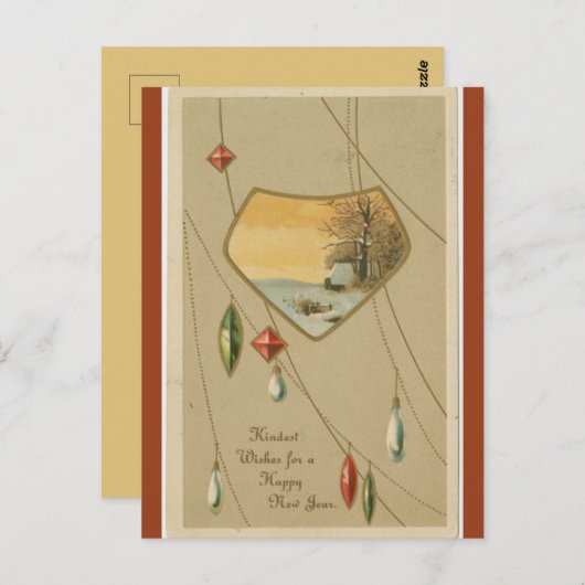 ヴィンテージ冬の風景と宝石が新年を迎える ポストカード (正面/裏面)