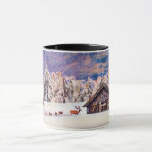 ヴィンテージ冬の風景 トナカイ ログハウス 絵画 マグカップ (中央)