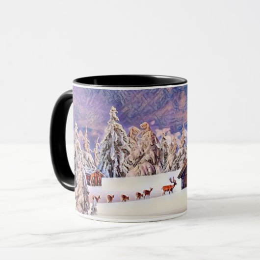 ヴィンテージ冬の風景 トナカイ ログハウス 絵画 マグカップ (正面左)