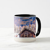 ヴィンテージ冬の風景 トナカイ ログハウス 絵画 マグカップ (正面右)